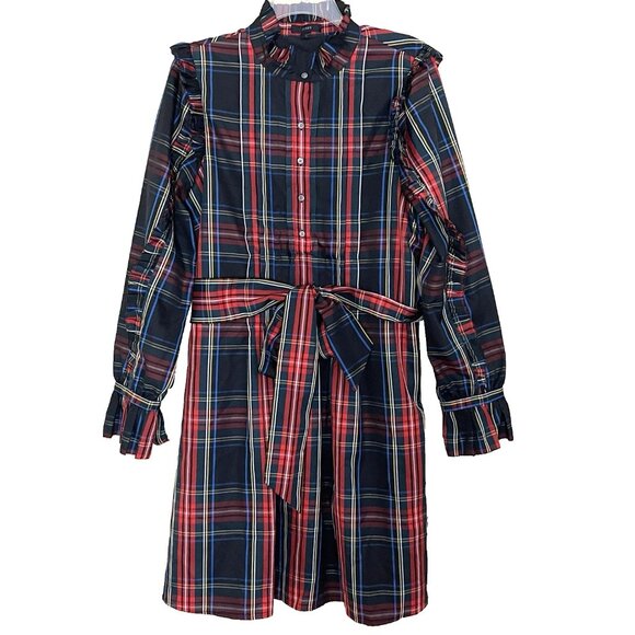 J. Crew Black Stewart Tartan Plaid Dress Medium AT597 Party Holidays Ruffle - Picture 2 of 10